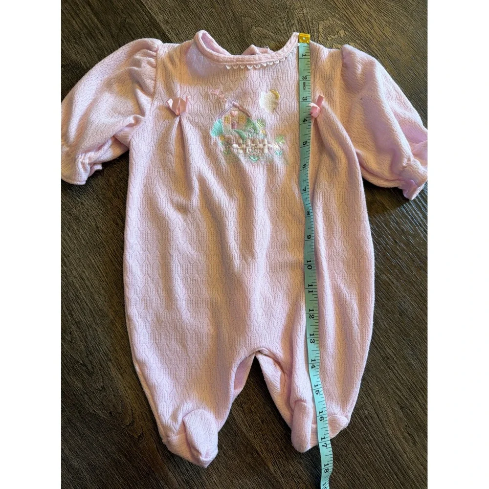 Vintage Pink Pointelle Baby Footed Sleeper Embroidered Cottage Lace Trim Pink 3m